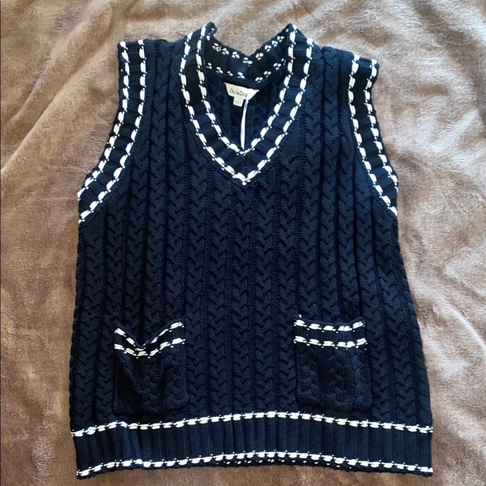 Women’s Black Sweater Vest with White Trim